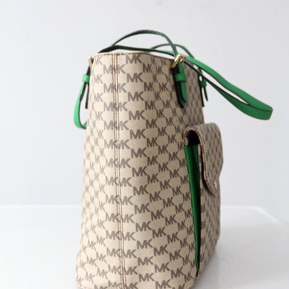 Michael Kors Monogram Canvas Tote Bag with Green Leather Handles - Picture 8 of 16